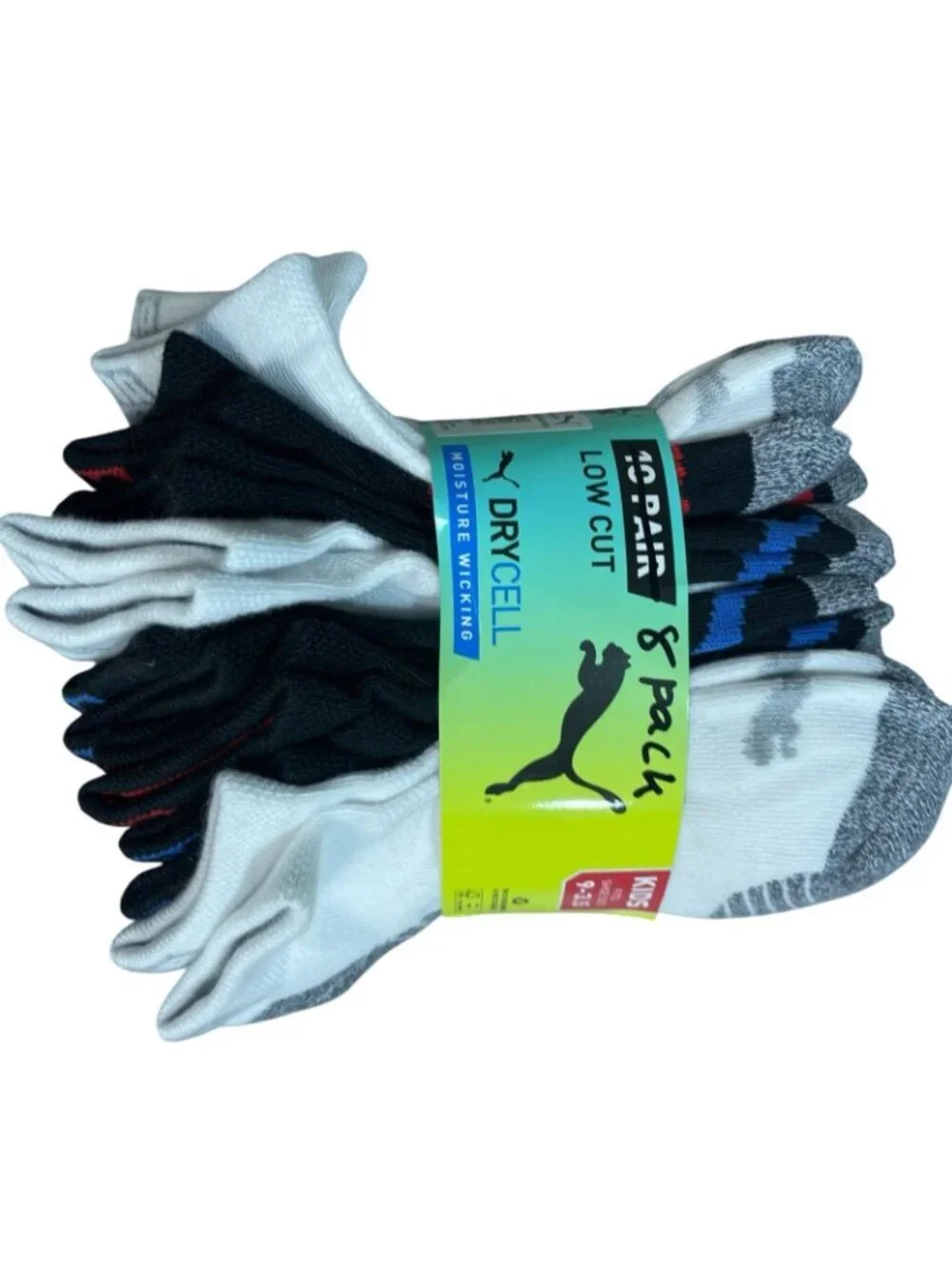 NWT Puma Kids Low Cut Socks 8-Pack DryCell Moisture Wicking Fits Shoe Size 9-3.5